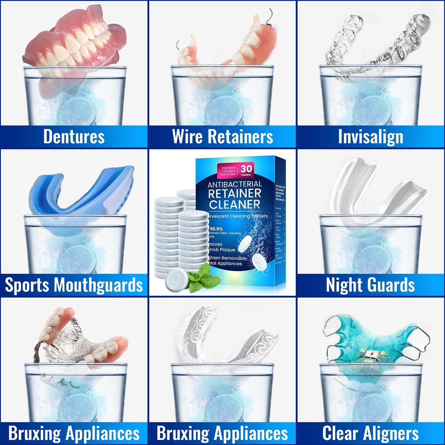 Retainer Cleaner Tablets for Invisalign – Sulphate-Free Effervescent Cleaner with Aligner Tools