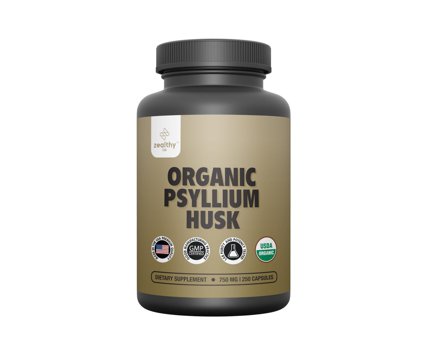 Organic Psyllium Husk Capsules 750 mg – Natural Fiber for Gut Health | Zealthy Life, 250 Capsules