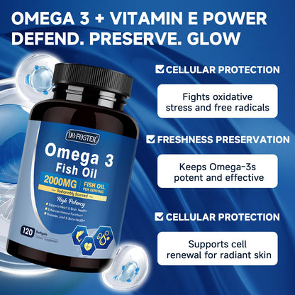 Advanced Omega-3 Fish Oil 2000mg – DHA, EPA, ALA | Heart, Brain & Joints Support – Vitamin D3 & E – 120 Softgels