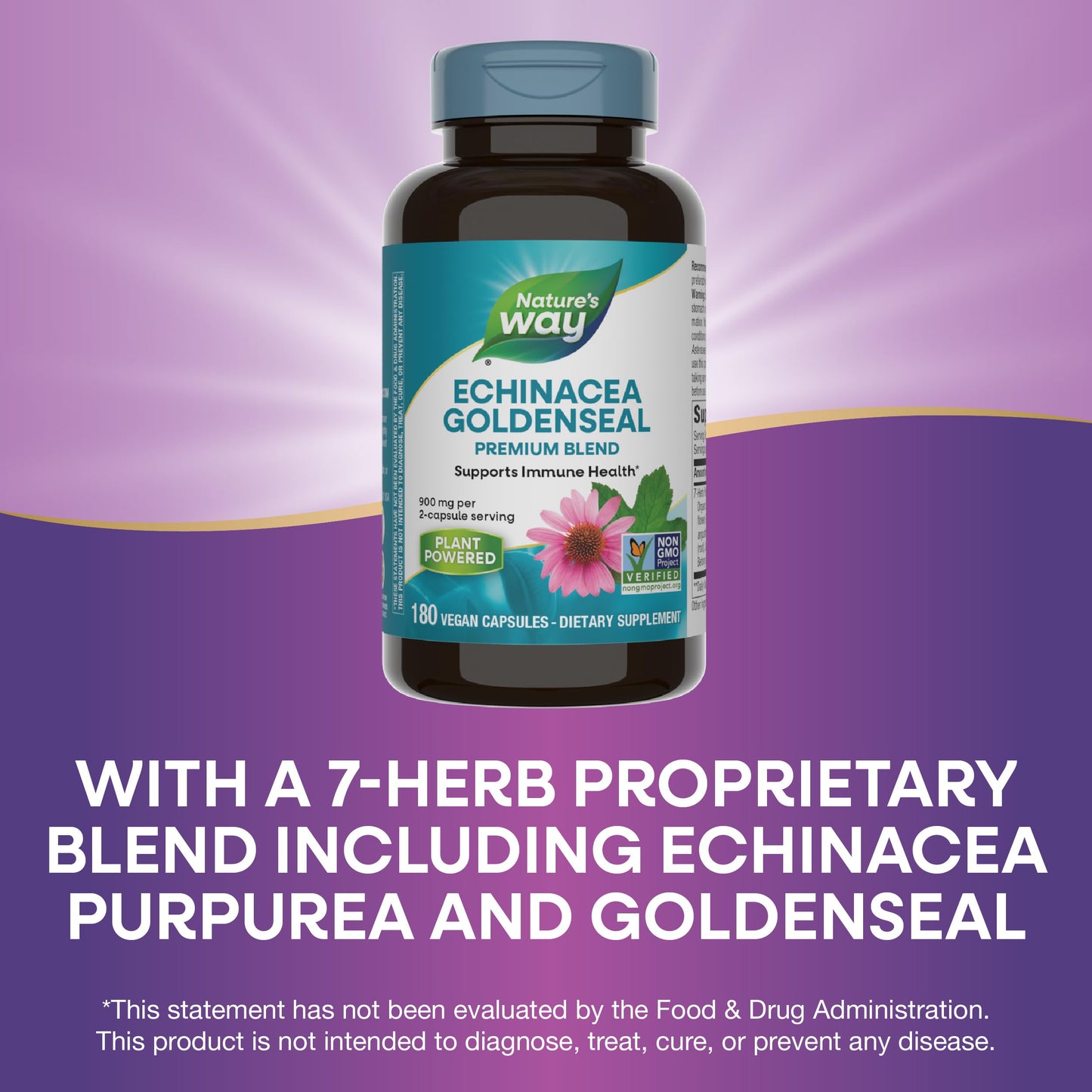 Nature's Way Echinacea Goldenseal Premium Blend – Immune Support, 900 mg/2-Capsule, 180 Vegan Capsules, Non-GMO Project Verified