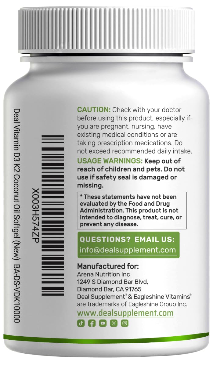 DEAL SUPPLEMENT Vitamin D3 10,000 IU + K2 MK7 200mcg Softgels – 2-in-1 Coconut Oil Carrier, 250 Count