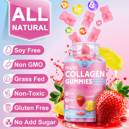 Multi Collagen Peptides Gummies Type I-V, X with Biotin & Hyaluronic Acid – Supports Skin, Hair & Nails | 60 Count, 1 Pack