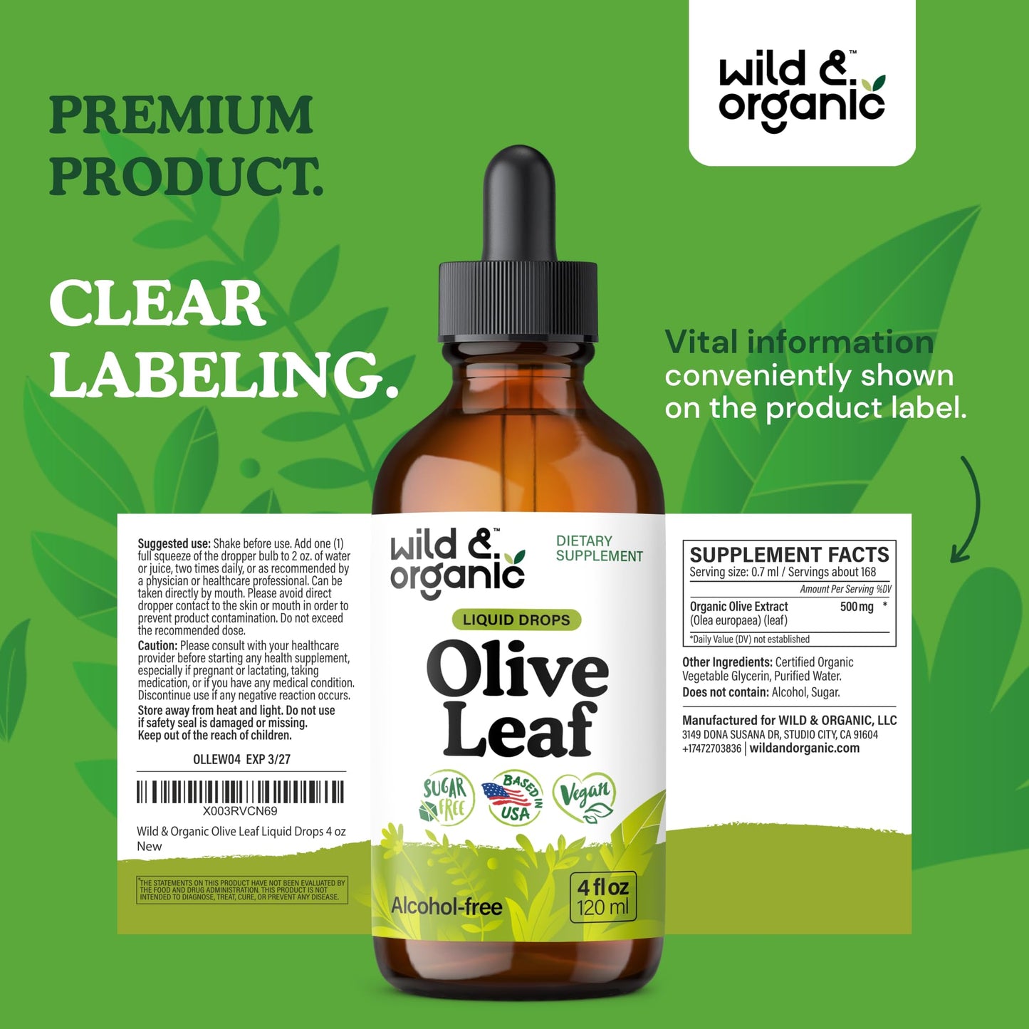 Wild & Organic Olive Leaf Liquid Extract – Immune Support | Vegan, Alcohol-Free | 4 fl oz