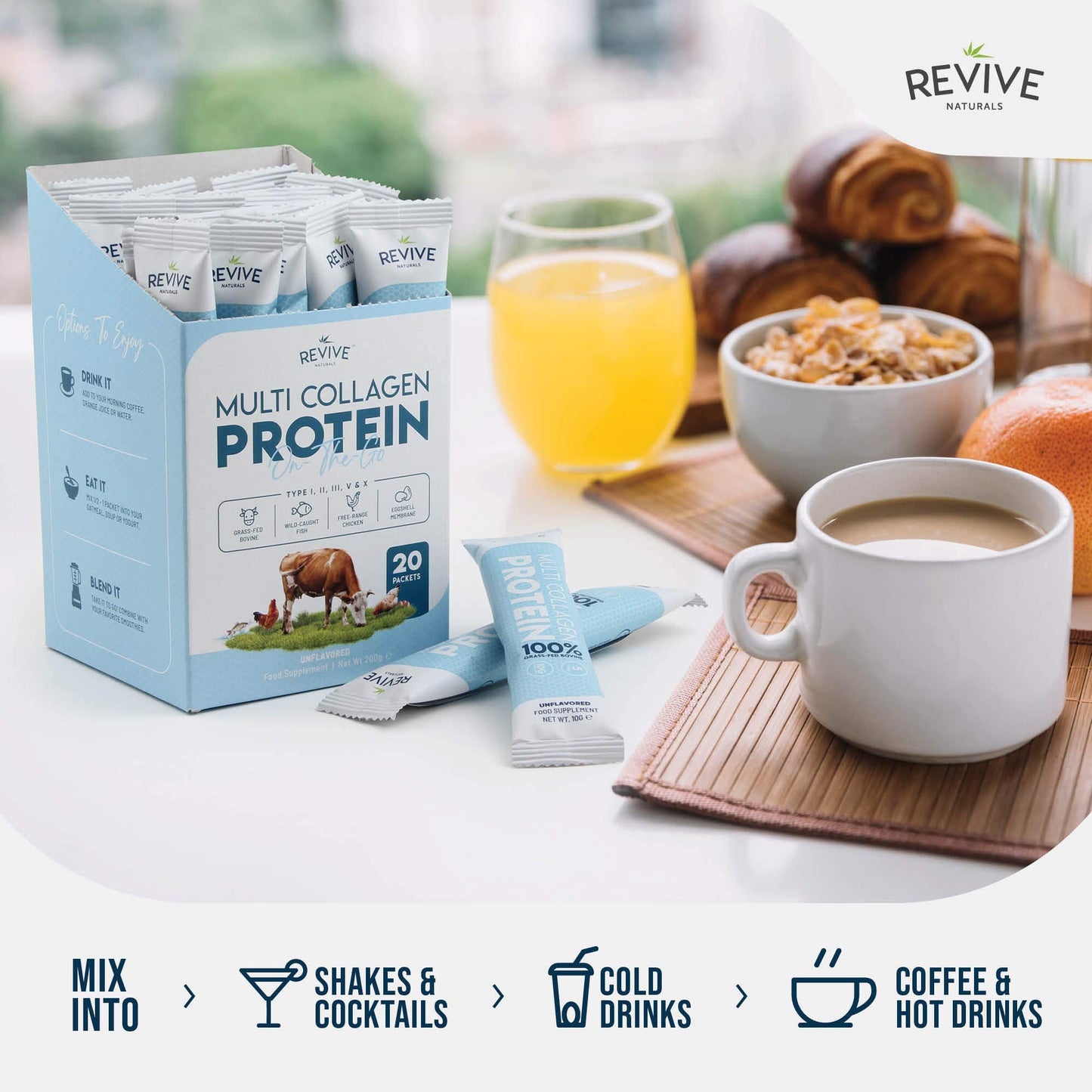 Multi Collagen Protein Powder Packets – Types I, II, III, V & X | Grass-Fed Bovine, Wild-Caught Fish, Free-Range Chicken & Eggshell Collagen | Non-GMO, Halal | 10g per Scoop | 20 Packets