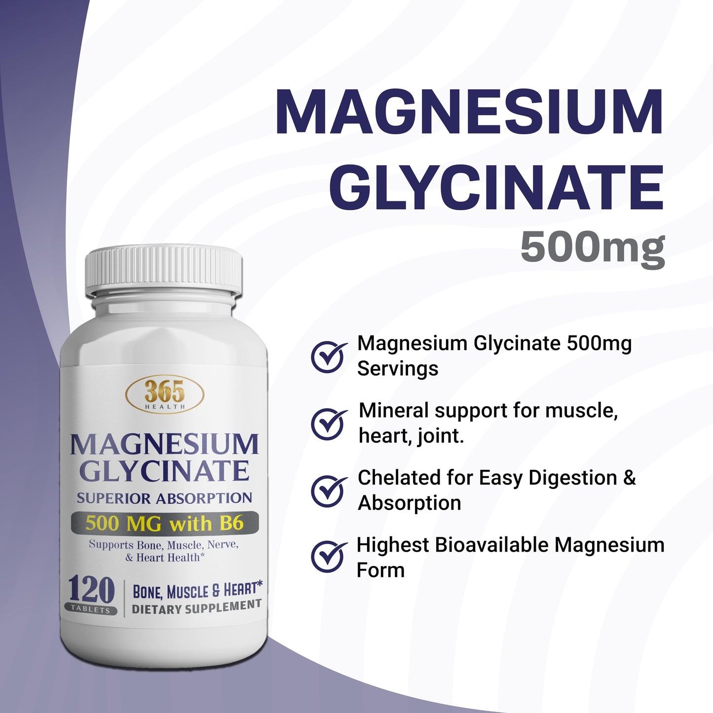 365 Health Magnesium Glycinate 500mg – 120 Vegetarian Tablets | Non-GMO, Gluten Free