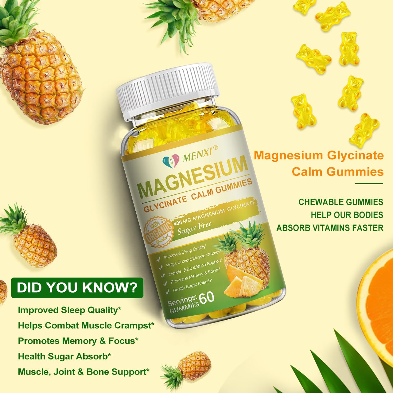 Magnesium Glycinate Gummies 400mg + Taurate, Sugar Free Pineapple - 60 Gummies with Vitamin D, B6, CoQ10 | Sleep & Relaxation