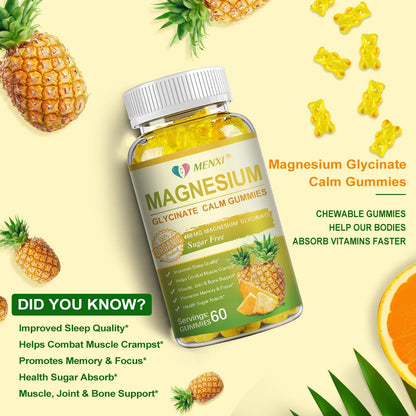 Magnesium Glycinate Gummies 400mg + Taurate, Sugar Free Pineapple - 60 Gummies with Vitamin D, B6, CoQ10 | Sleep & Relaxation