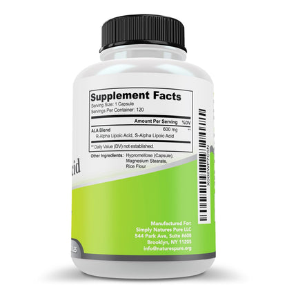 Simply Nature's Pure Alpha Lipoic Acid 600mg – 120 Veggie Capsules | Non-GMO Thioctic Acid