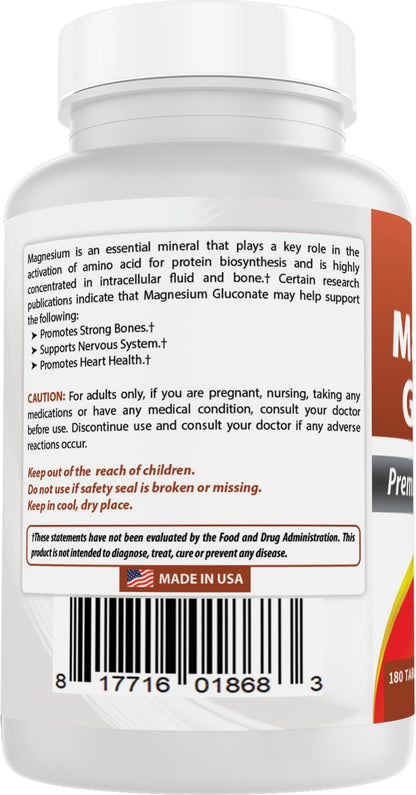 Best Naturals Magnesium Gluconate (35 mg Elemental Magnesium from 600mg of Magnesium Gluconate) 180 Tablets