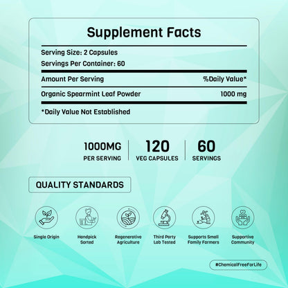 PADMURA Organic Spearmint Powder Capsules 1000mg | USDA Organic Certified | Non GMO | Gluten Free | Vegan - 120 Veg Capsules