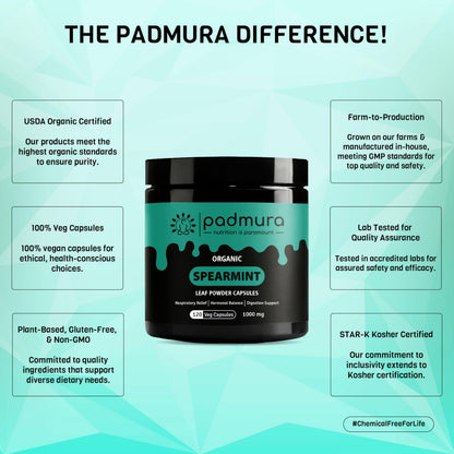 PADMURA Organic Spearmint Powder Capsules 1000mg | USDA Organic Certified | Non GMO | Gluten Free | Vegan - 120 Veg Capsules