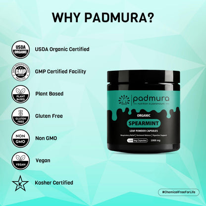 PADMURA Organic Spearmint Powder Capsules 1000mg | USDA Organic Certified | Non GMO | Gluten Free | Vegan - 120 Veg Capsules