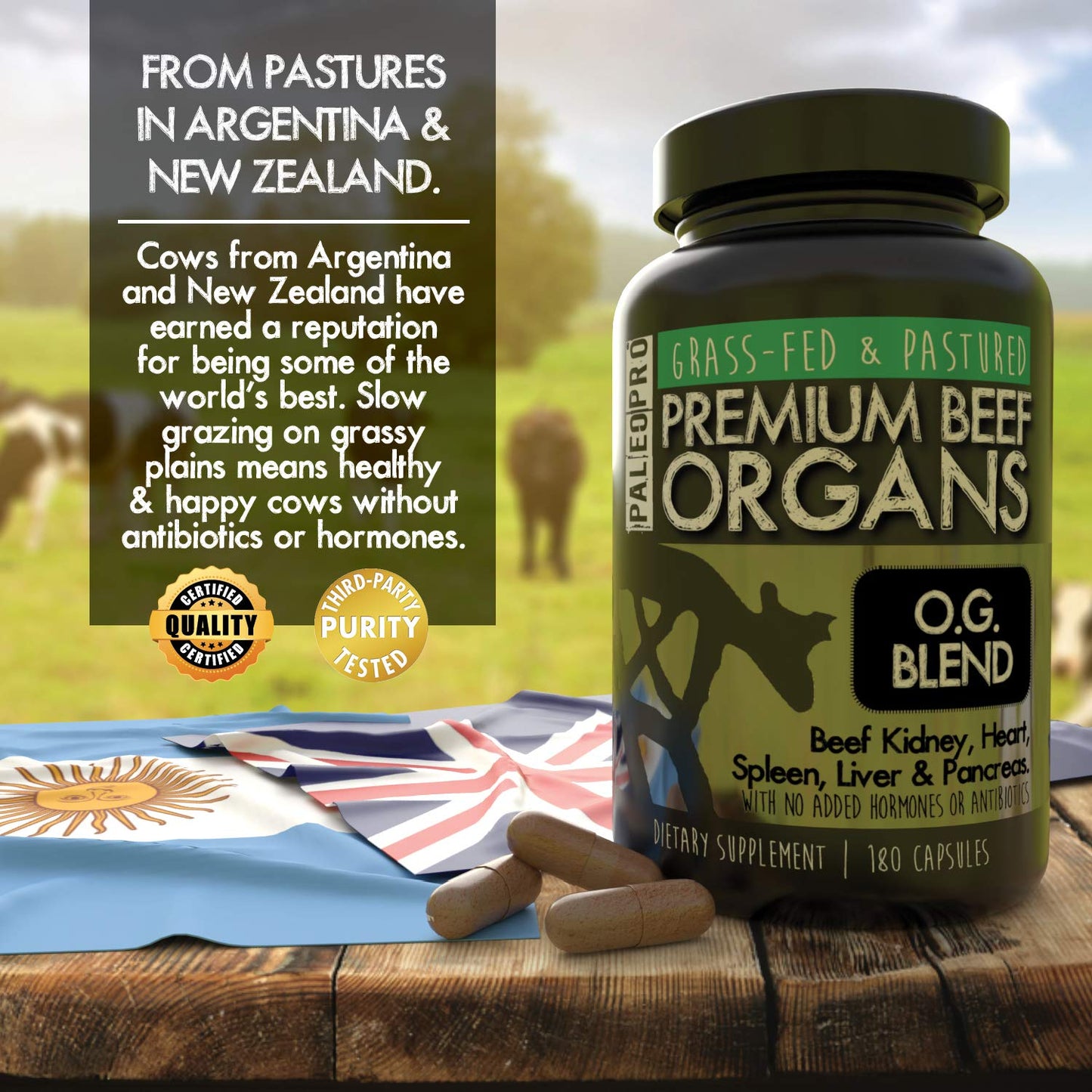 Paleo Pro O.G. Blend Beef Organs Capsules – Kidney, Heart, Liver, Spleen & Pancreas | Grass-Fed & Pastured