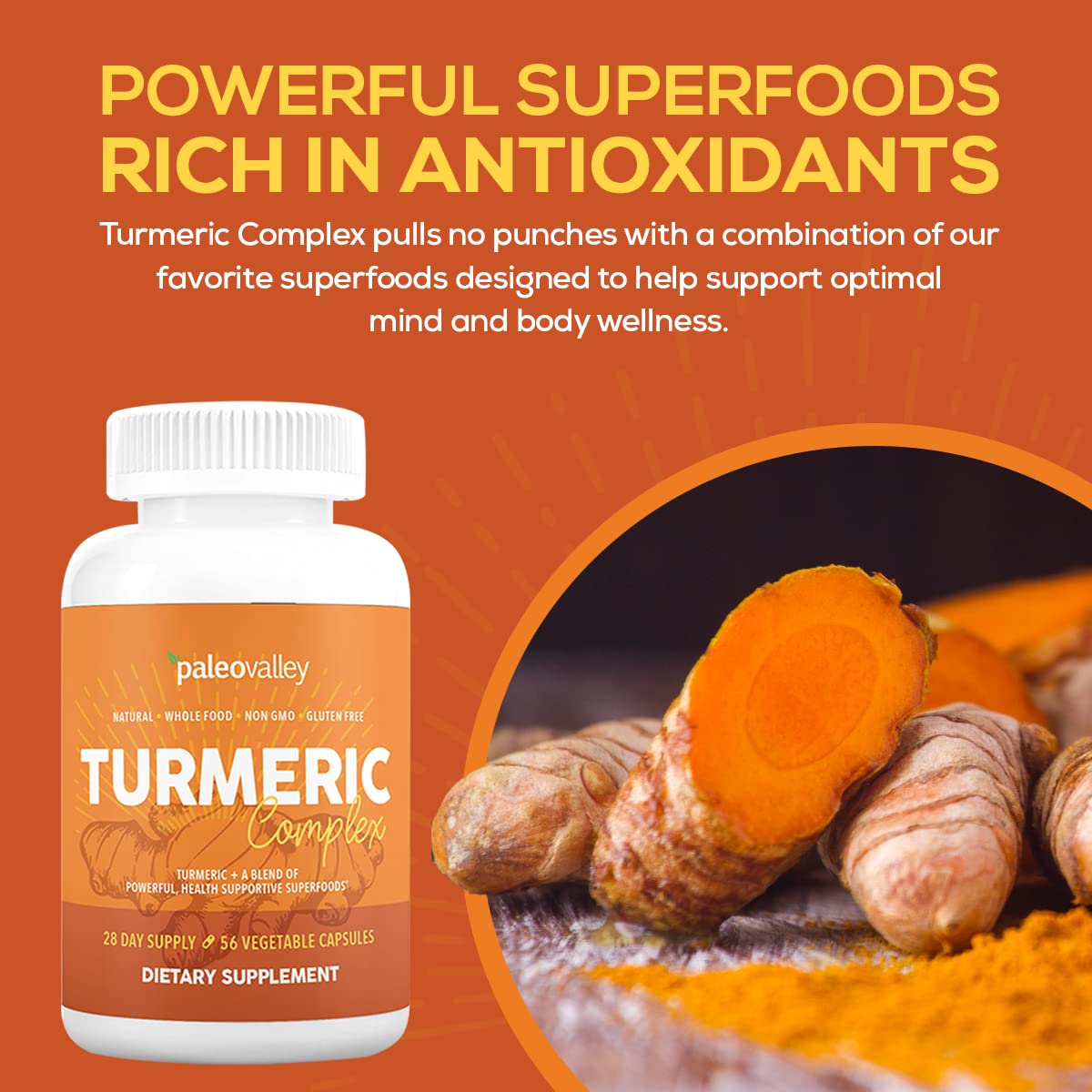 Paleovalley Organic Turmeric Complex – Full Spectrum Turmeric + Superfoods | 56 Vegetarian Capsules