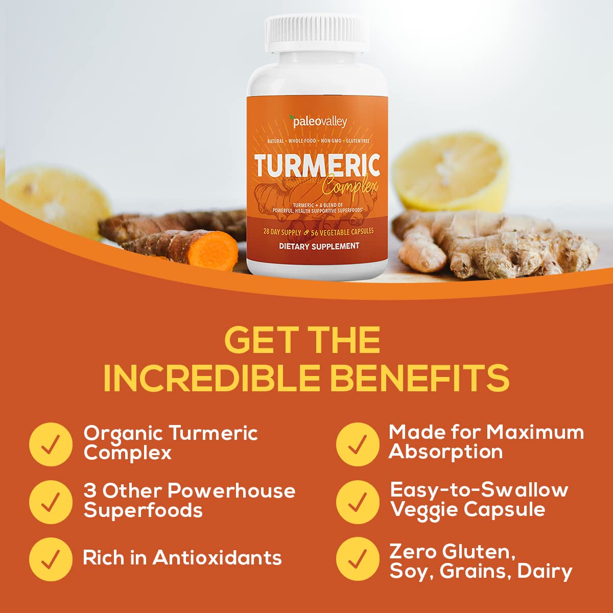 Paleovalley Organic Turmeric Complex – Full Spectrum Turmeric + Superfoods | 56 Vegetarian Capsules