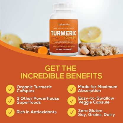 Paleovalley Organic Turmeric Complex – Full Spectrum Turmeric + Superfoods | 56 Vegetarian Capsules