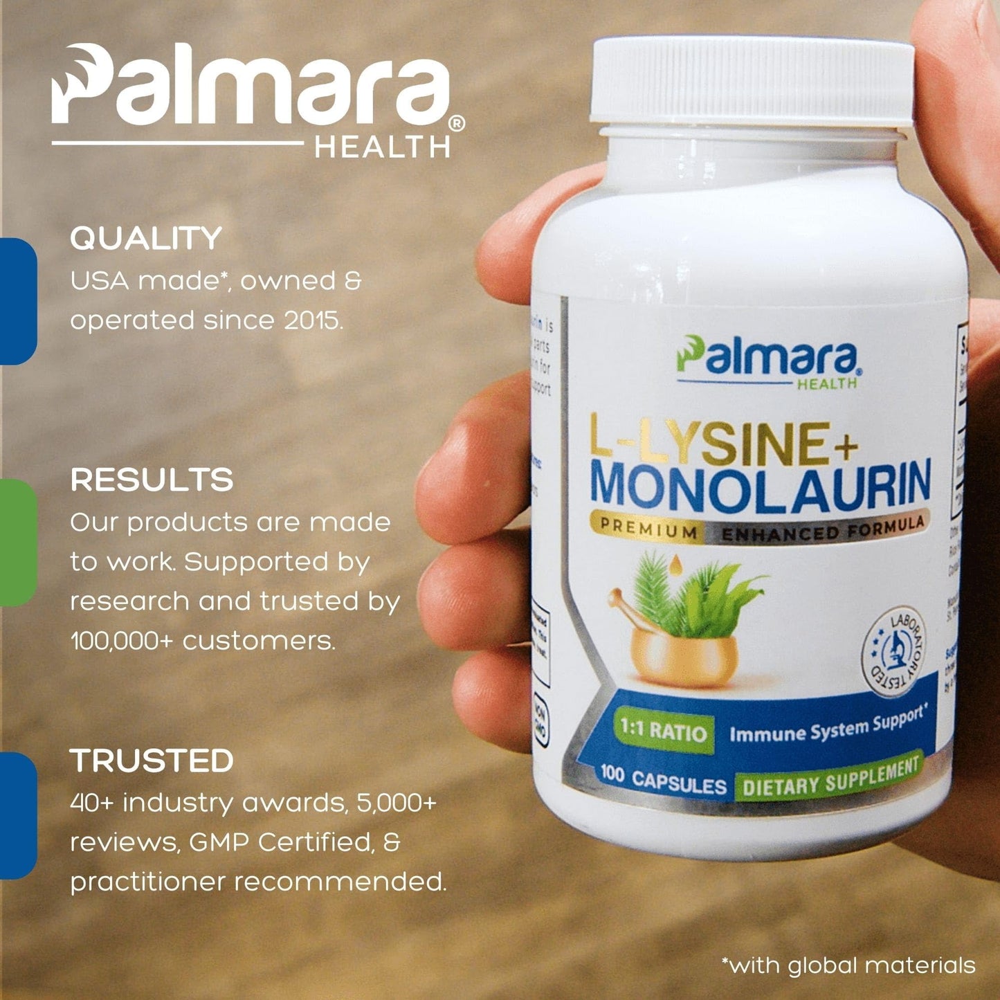 Palmara Health L-Lysine + Monolaurin 600mg 1:1 Ratio – 1 Pack, 100 Capsules | Vegan, Non-GMO, Gluten Free