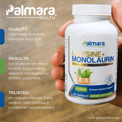 Palmara Health L-Lysine + Monolaurin 600mg 1:1 Ratio – 1 Pack, 100 Capsules | Vegan, Non-GMO, Gluten Free