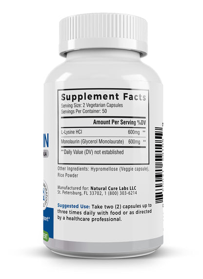 Palmara Health L-Lysine + Monolaurin 600mg 1:1 Ratio – 1 Pack, 100 Capsules | Vegan, Non-GMO, Gluten Free