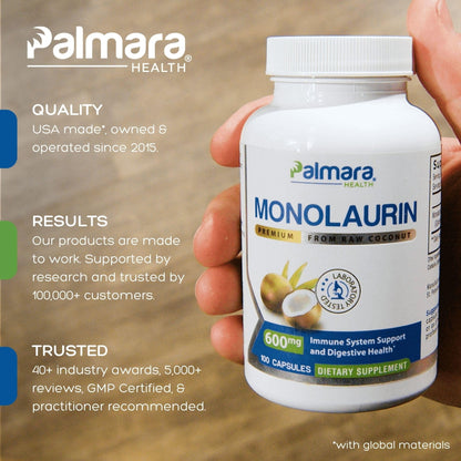 Palmara Health Premium Monolaurin 1,200mg — 2-Capsule Serving, 100 Capsules