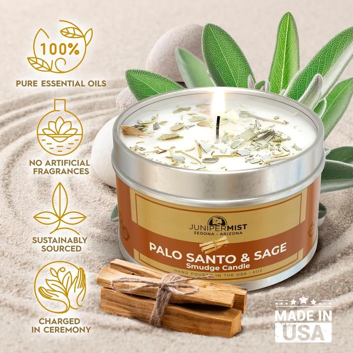 Palo Santo & Sage Smudge Candle (6oz) - Ground & Purify | Soy Wax, Made in USA