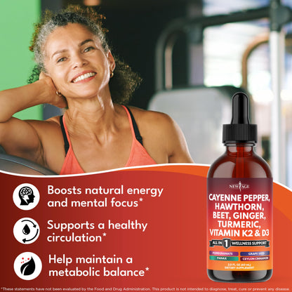 Cayenne Pepper Liquid Drops with Hawthorn Berry, D3 K2, Beet Root Powder, Cinnamon, Turmeric & Ginseng - 2oz