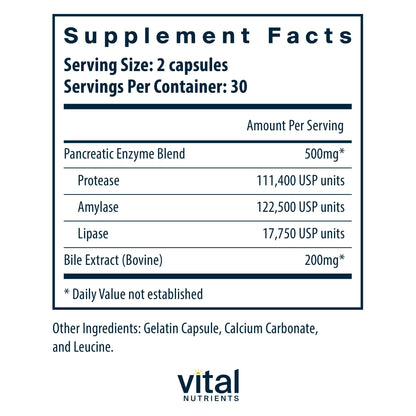 Vital Nutrients Pancreatin & Ox Bile Extract 500mg | Digestive Enzymes 60 Capsules