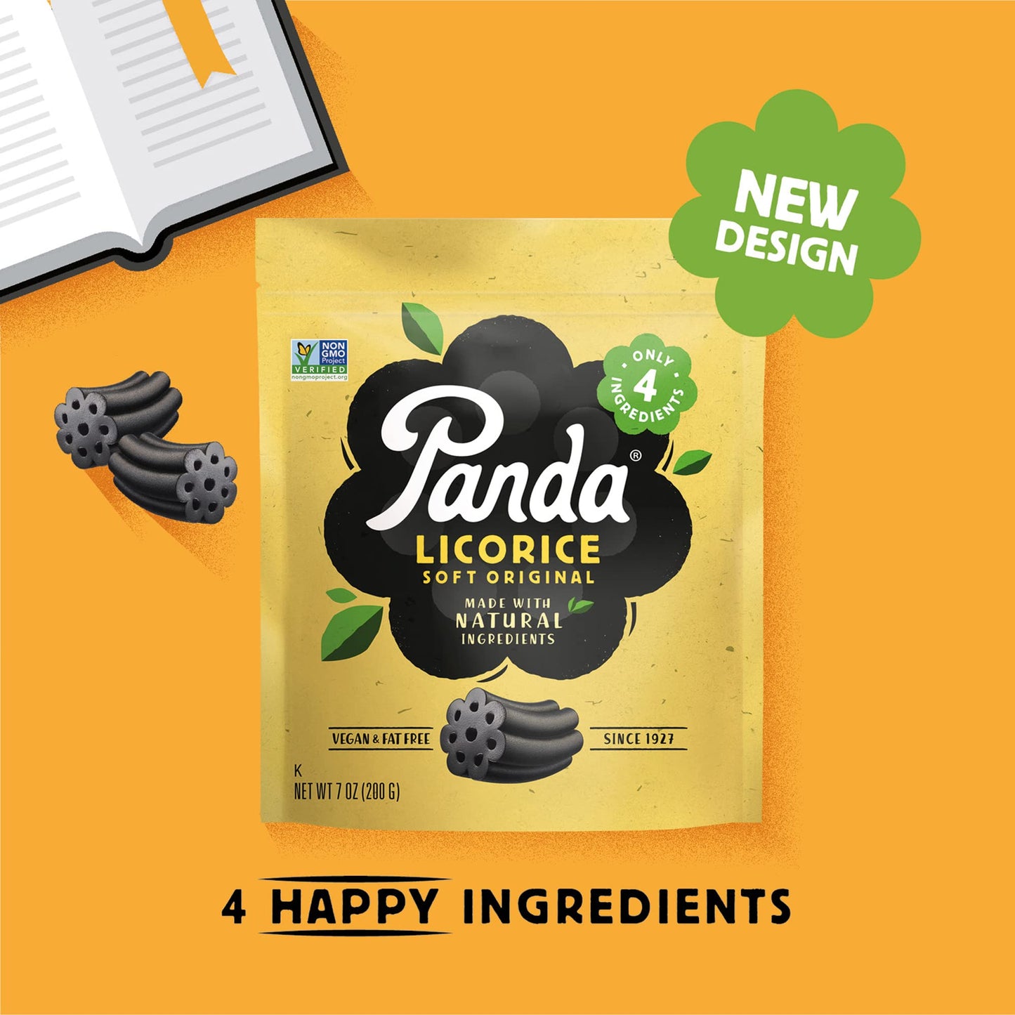Panda Natural Soft Licorice – Pure Panda Black Licorice (4x7 oz, Resealable) – Vegan & Non-GMO