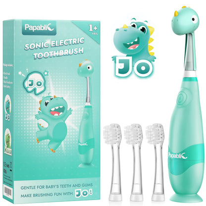 Papablic Jo Toddler Sonic Electric Toothbrush (Ages 1-3) – Dino Cover, 4 Brush Heads, LED Timer