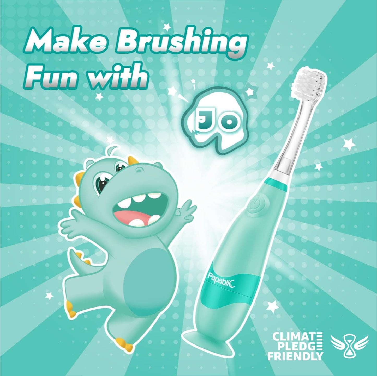 Papablic Jo Toddler Sonic Electric Toothbrush (Ages 1-3) – Dino Cover, 4 Brush Heads, LED Timer
