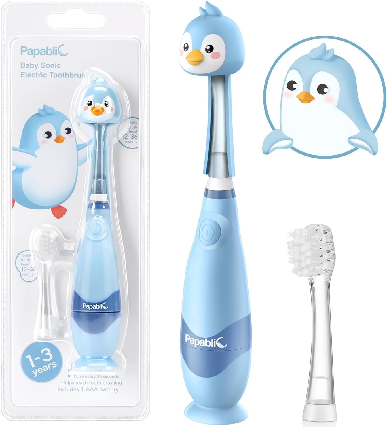 Papablic Pippin Toddler Sonic Electric Toothbrush for Ages 1-3 | Penguin Cover, LED Timer