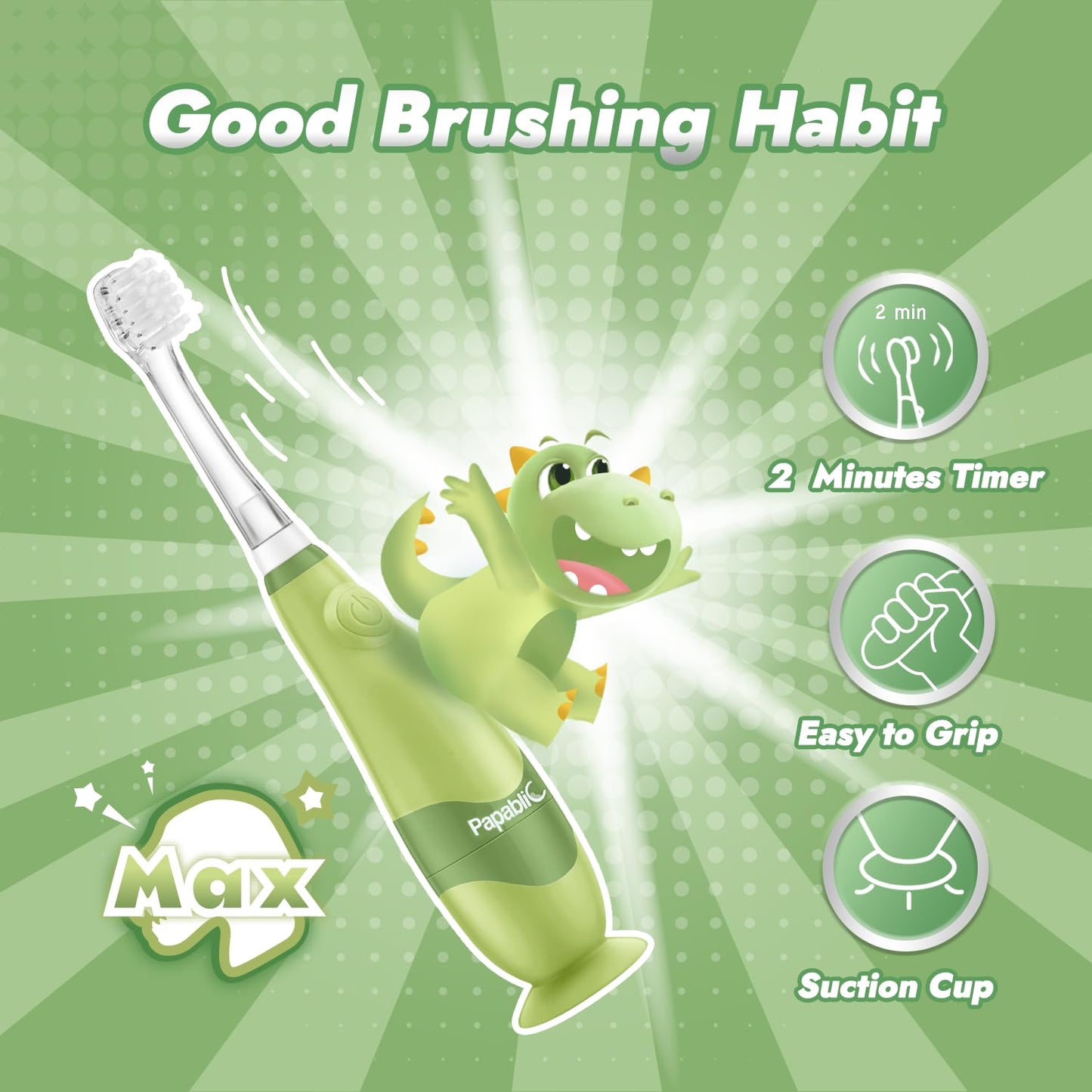 Papablic Toddler Sonic Electric Toothbrush Max for Ages 1-3 | Dino Cover, LED Timer, 2 Brush Heads