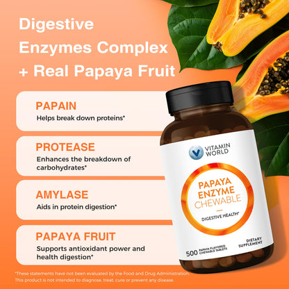 Vitamin World Papaya Enzymes Chewables – Papain, Amylase & Protease (500 Tablets)