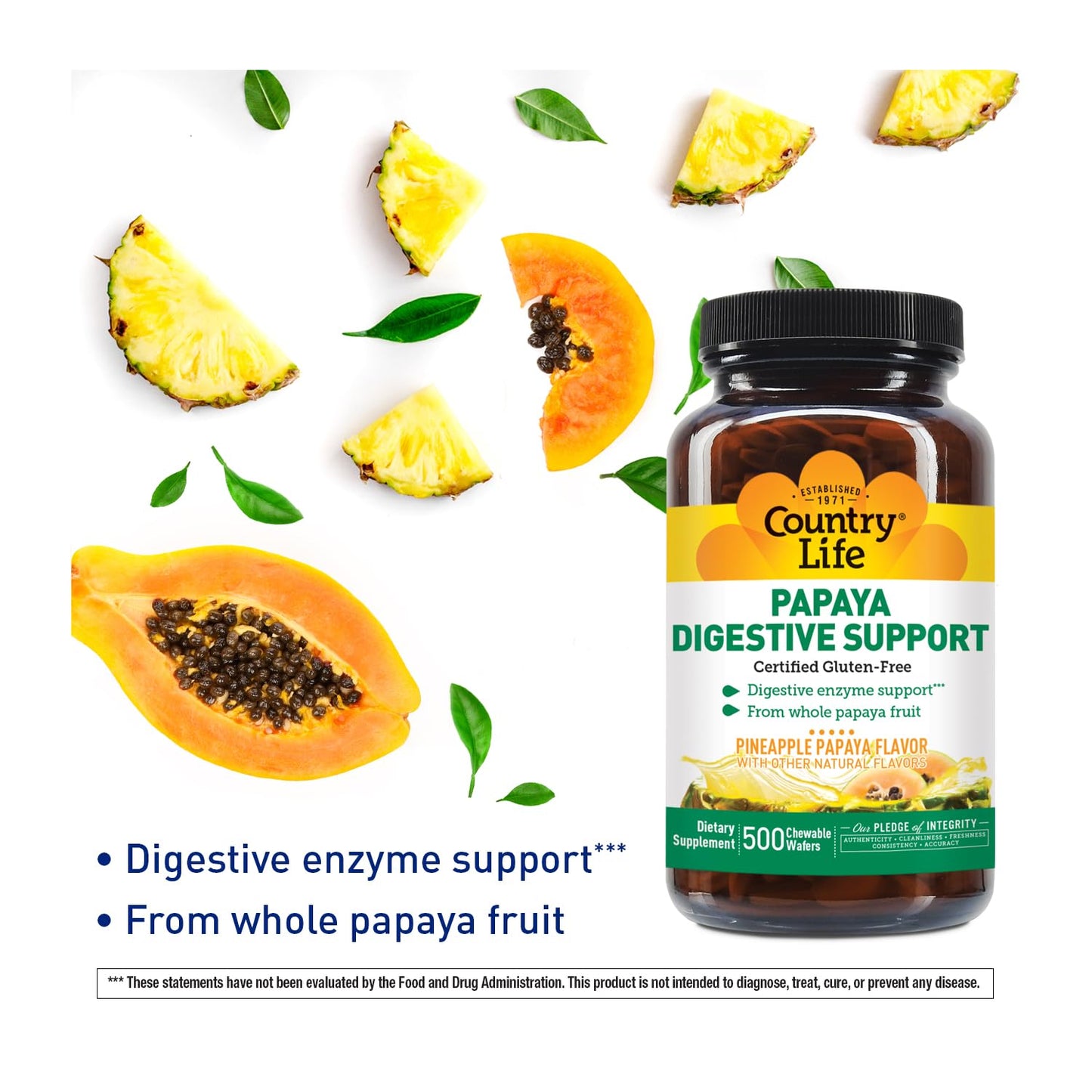 Country Life Papaya Enzymes for Digestion - Chewable Wafers (200 & 500)