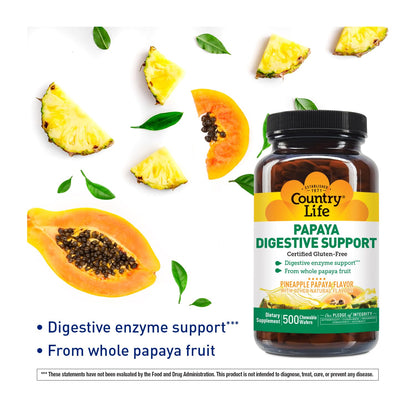 Country Life Papaya Enzymes for Digestion - Chewable Wafers (200 & 500)