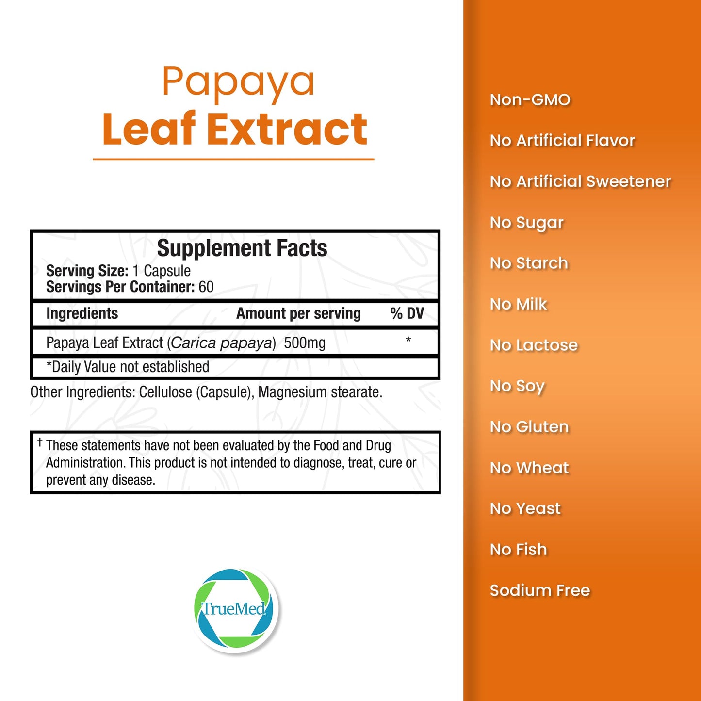 Papaya Leaf Extract 500 mg – 4X Strength, 60 Capsules | Immune Support, Digestion & Antioxidant