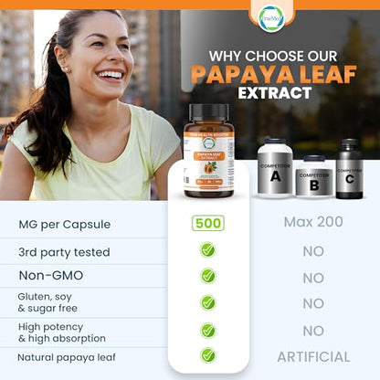 Papaya Leaf Extract 500 mg – 4X Strength, 60 Capsules | Immune Support, Digestion & Antioxidant