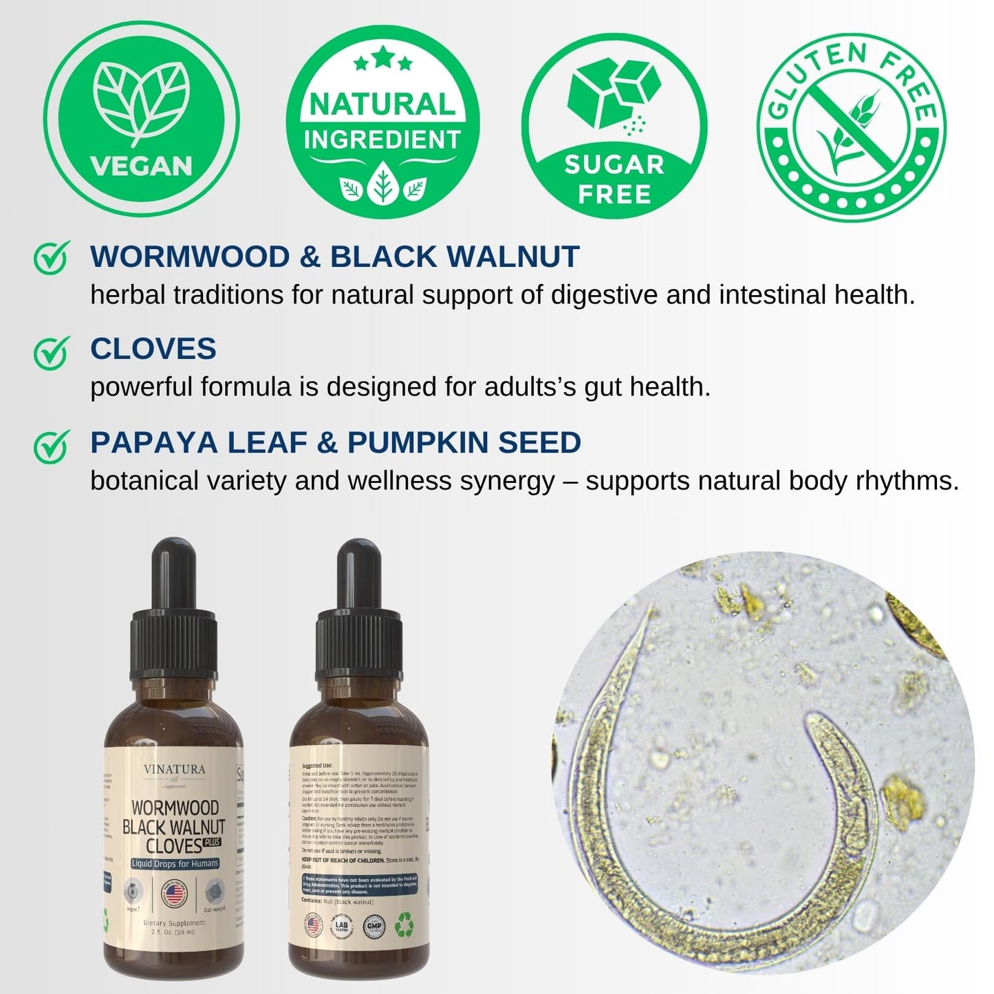 VINATURA Wormwood Black Walnut Cloves Liquid - Detox & Digestive Support, 2 fl oz