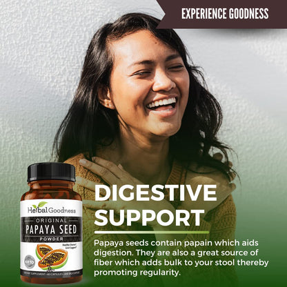 Herbal Goodness Papaya Seeds Powder Capsules – 600mg x 60, Organic Papain Enzymes for Digestion