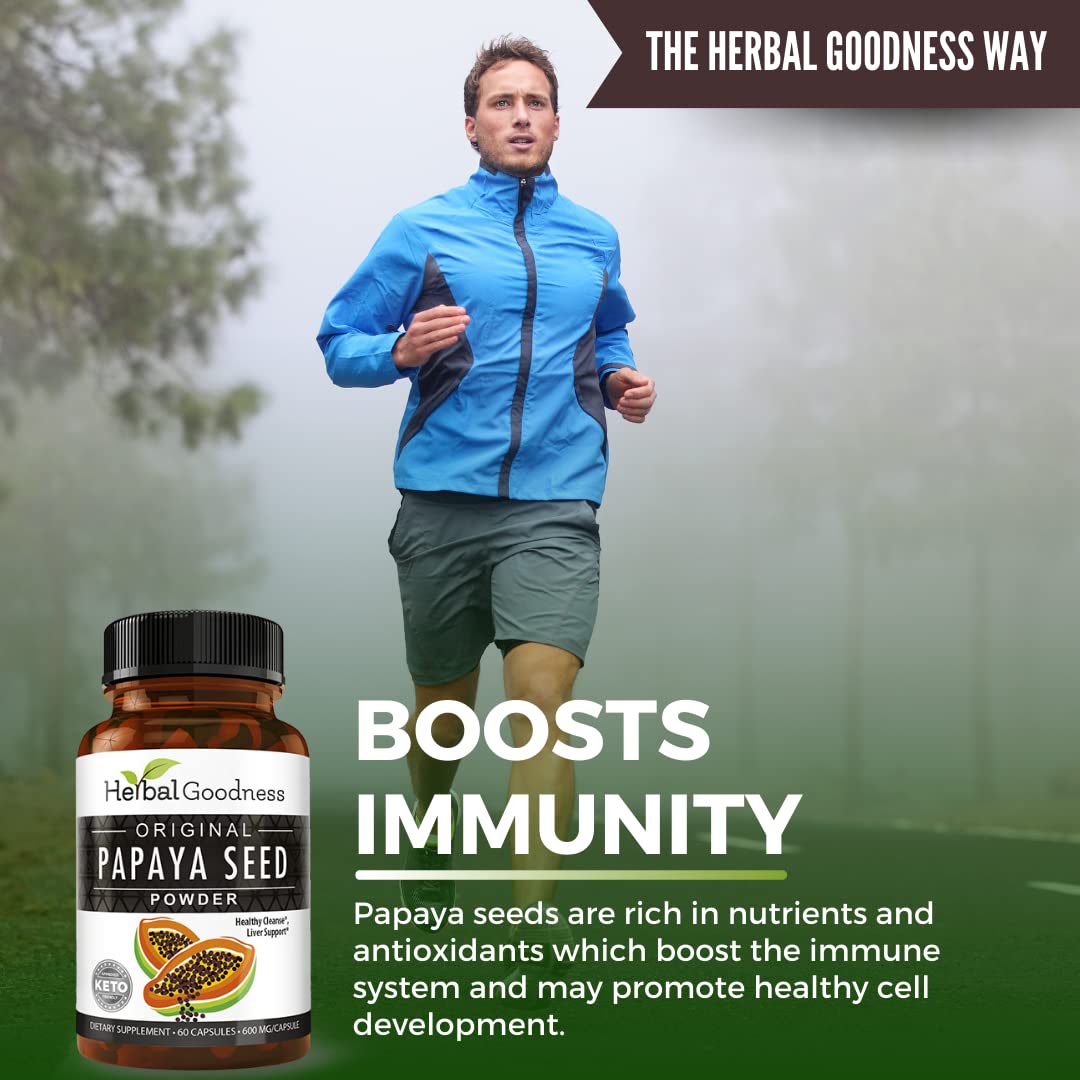 Herbal Goodness Papaya Seeds Powder Capsules – 600mg x 60, Organic Papain Enzymes for Digestion