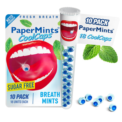 PaperMints CoolCaps Instant Fresh Breath Mints - Sugar-Free, 10 Tubes (18 capsules each) Keto-Friendly Peppermint