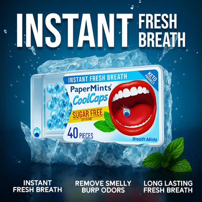 PaperMints CoolCaps Breath Mints Peppermint – Dual-Action Liquid Capsules, Instant Fresh Breath, Sugar-Free, 4 Pack of 40 (160 Total)
