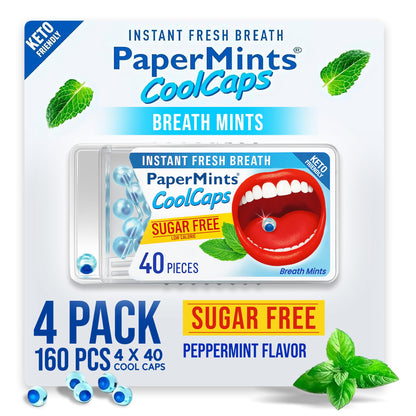 PaperMints CoolCaps Breath Mints Peppermint – Dual-Action Liquid Capsules, Instant Fresh Breath, Sugar-Free, 4 Pack of 40 (160 Total)