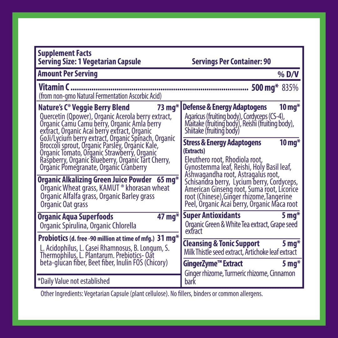 Paradise Earth's Blend Vitamin C with Adaptogens & Organic Greens | 90 Vegetarian Capsules