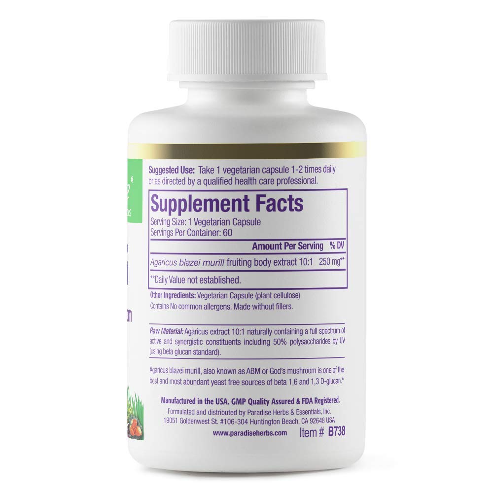 Paradise Herbs Beta Glucans from Yeast-Free Agaricus Mushrooms | Vegan, Gluten Free, Non-GMO | 2 x 60 Vegetarian Capsules
