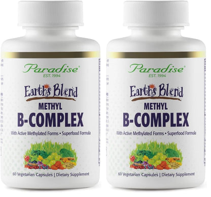 Paradise Herbs Earth's Blend B-Complex | Methylated B Vitamins + Superfoods (60 Caps, Pack of 2)