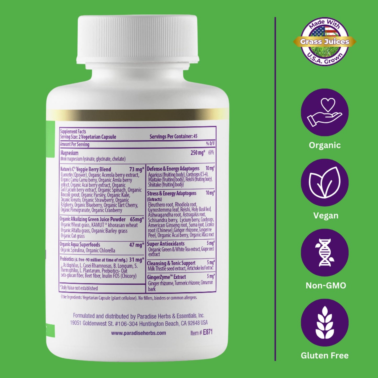 Paradise Herbs Earth's Blend Magnesium Supplement – Stress Relief, Sleep Support, Heart Health, Nerves & Muscles | Vegan, Non-GMO, Gluten Free, 90 Vegetarian Capsules