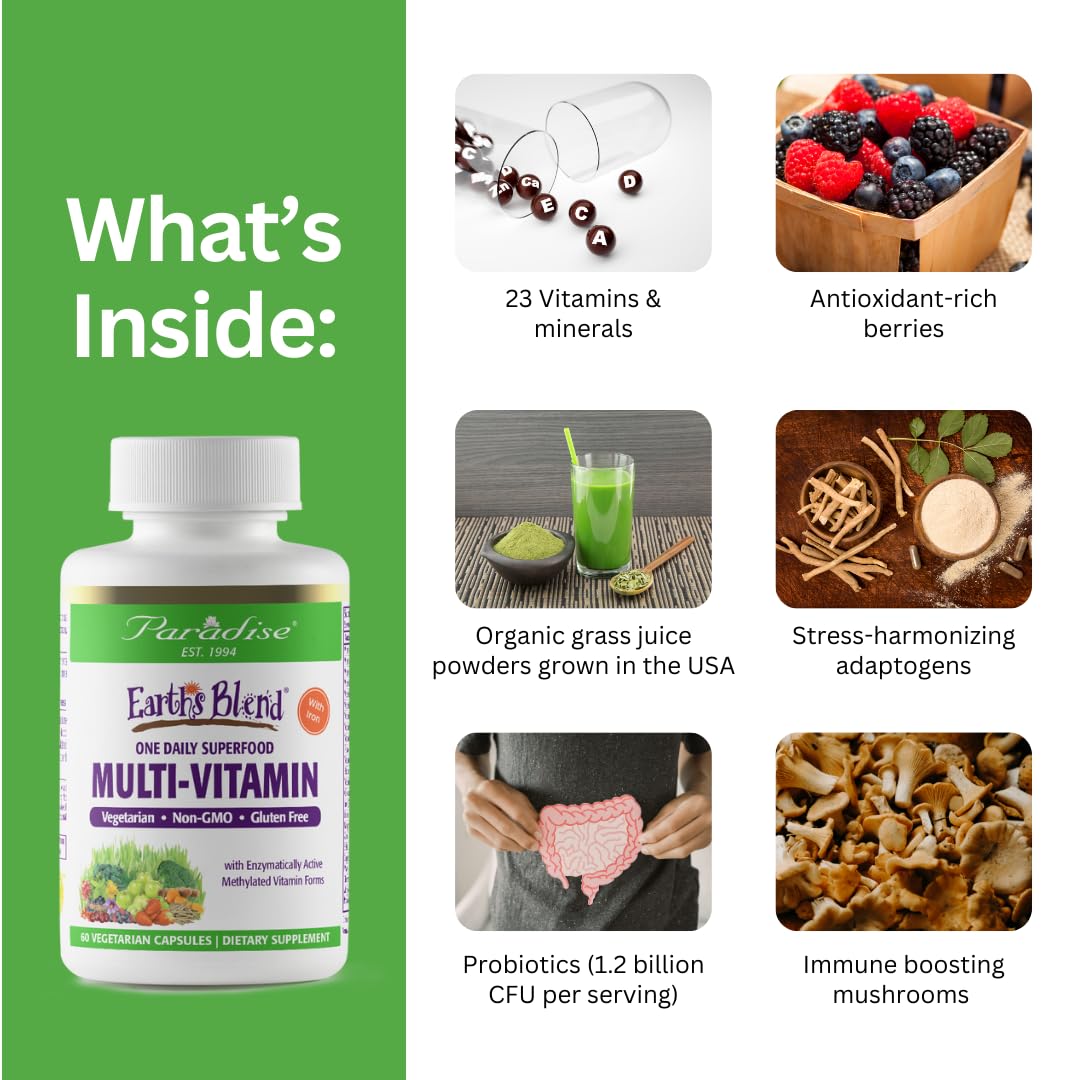 Paradise Herbs Earth's Blend Women's Multivitamin with Iron – 30 Capsules, 48 Organic Superfoods