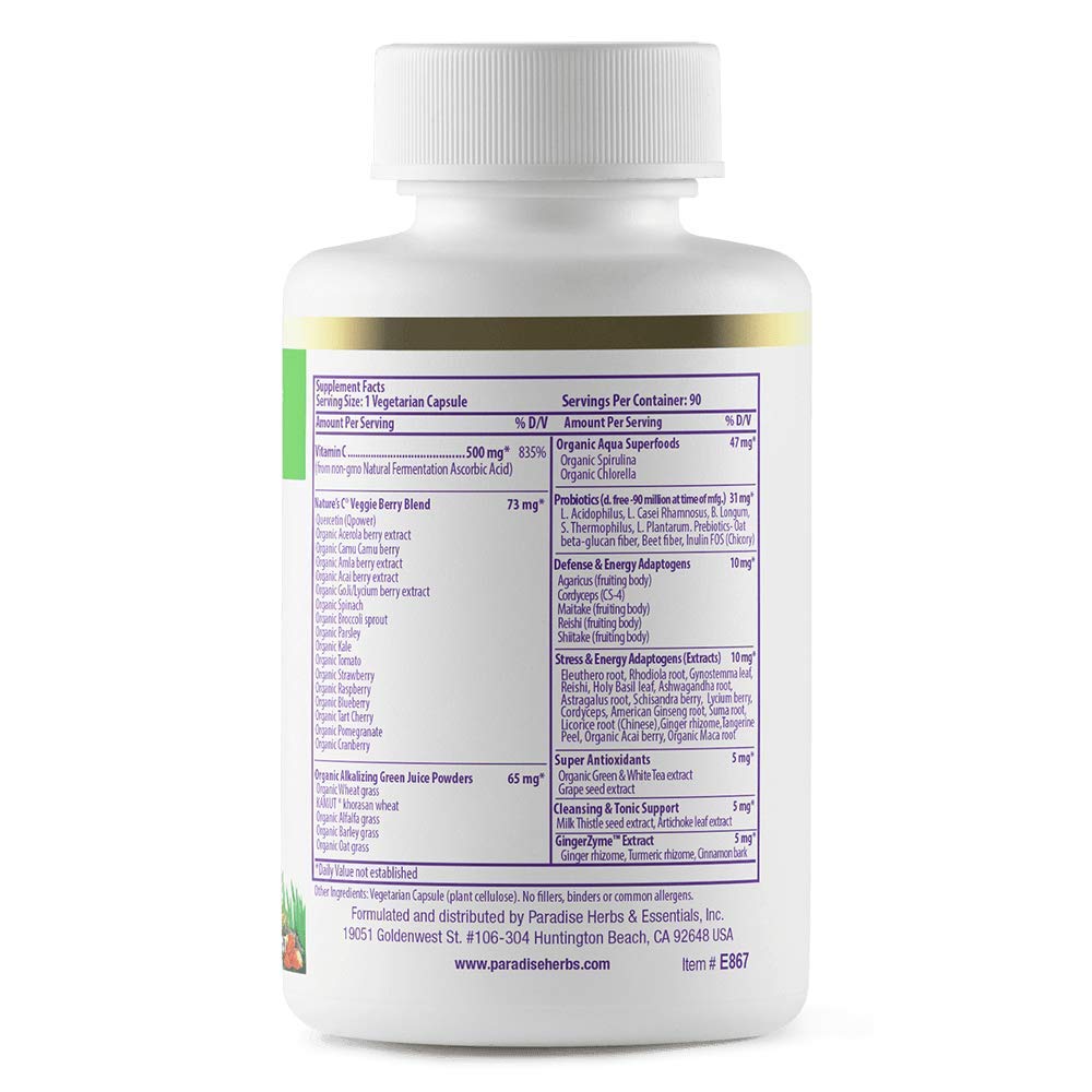 Paradise Herbs Earth's Blend Vitamin C with Nature's C, Adaptogens & Probiotics — ORAC Energy Greens Base, 90 Veg Capsules (Pack of 2)