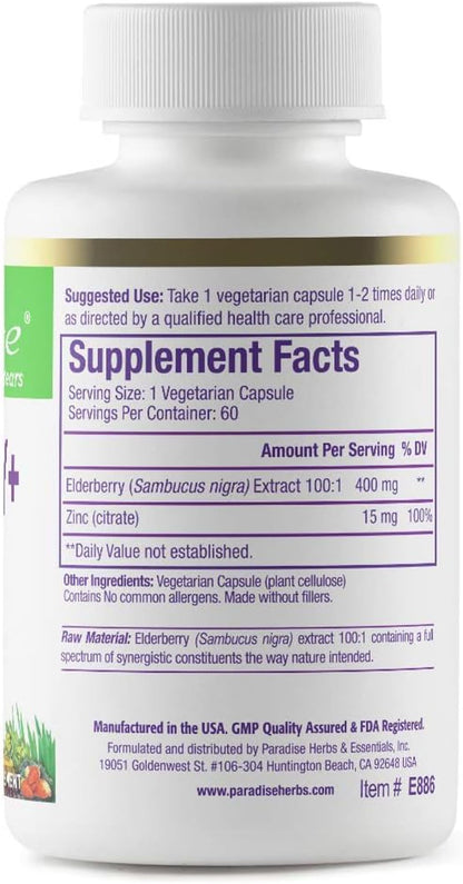 Paradise Herbs Elderberry with Zinc Extract – Immune Support, 60 Veg Capsules